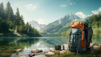 Backpack in the lake with mountains in the background 